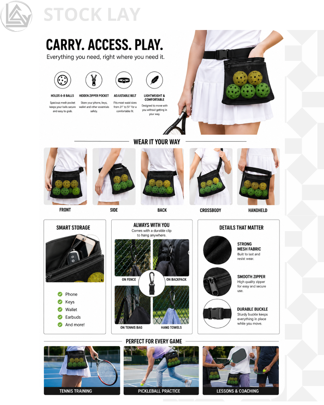 TOPJUM Pickleball & Tennis Ball Holder Waist Bag – Portable Mesh Ball Carrier
