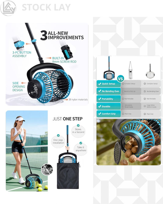 Portable Tennis Ball Hopper Roller – No-Bend Tennis Ball Collector with Telescopic Handle