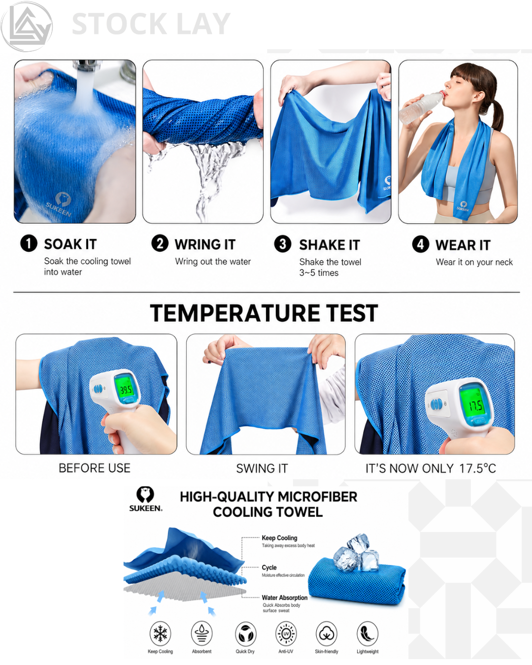 Sukeen Cooling Towels 4-Pack with Carabiner Clips – Instant Cooling Microfiber Towels for Sports, Yoga & Running
