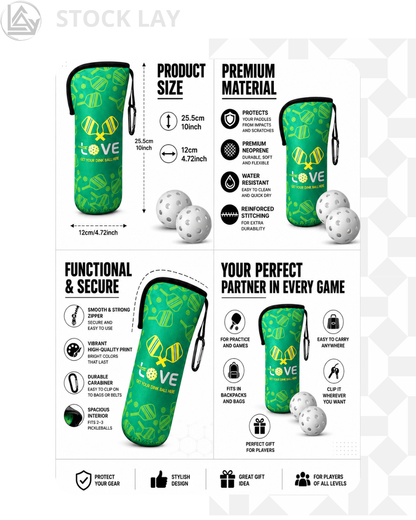Sunnymove Pickleball Ball Holder Sleeves Set – 3 Neoprene Bottle Covers with Fence Hook