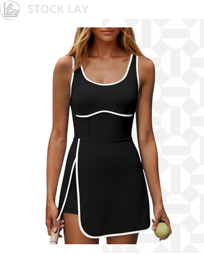 Women's Workout Tennis Dress with Built-in Bra & Shorts Pockets – Sleeveless Athletic Golf Active Dress