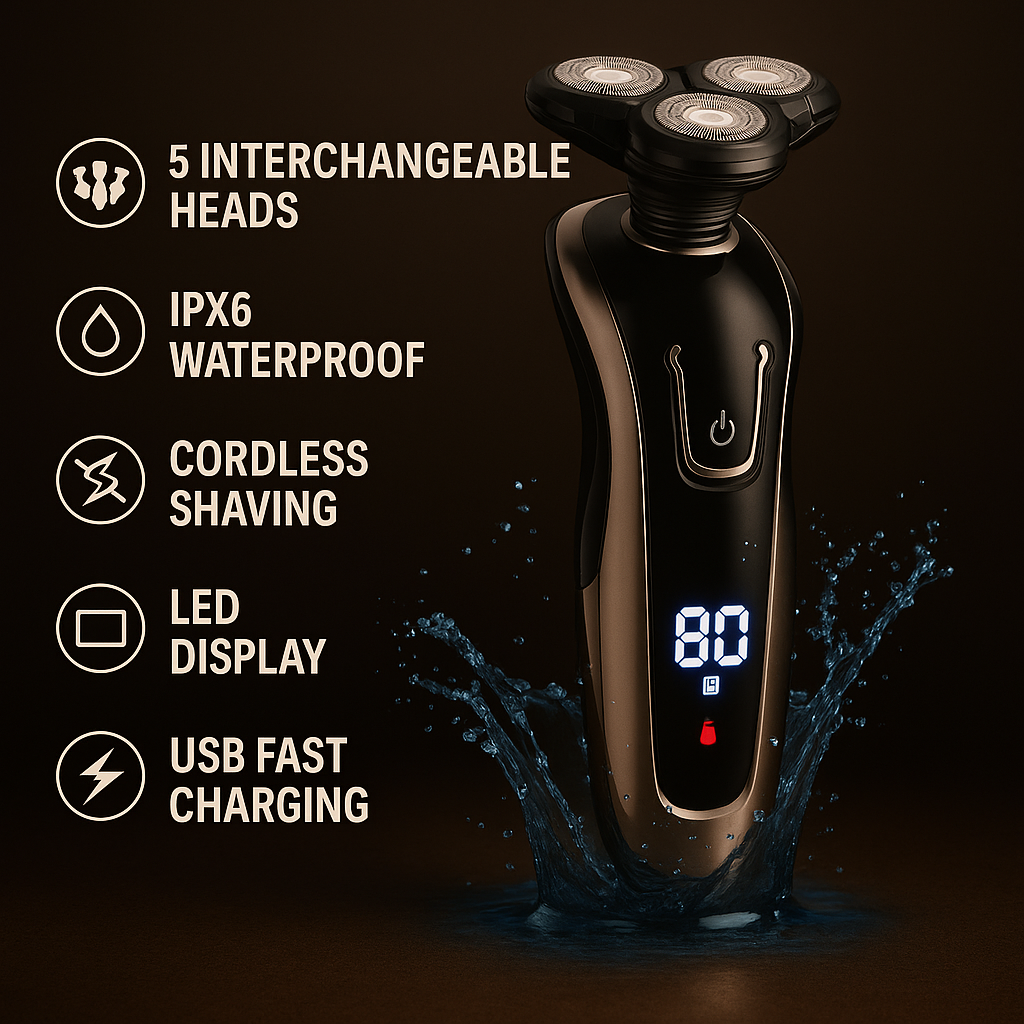 5-in-1 Grooming Shaver – Rotary Blade, Trimmer & Exfoliator in One