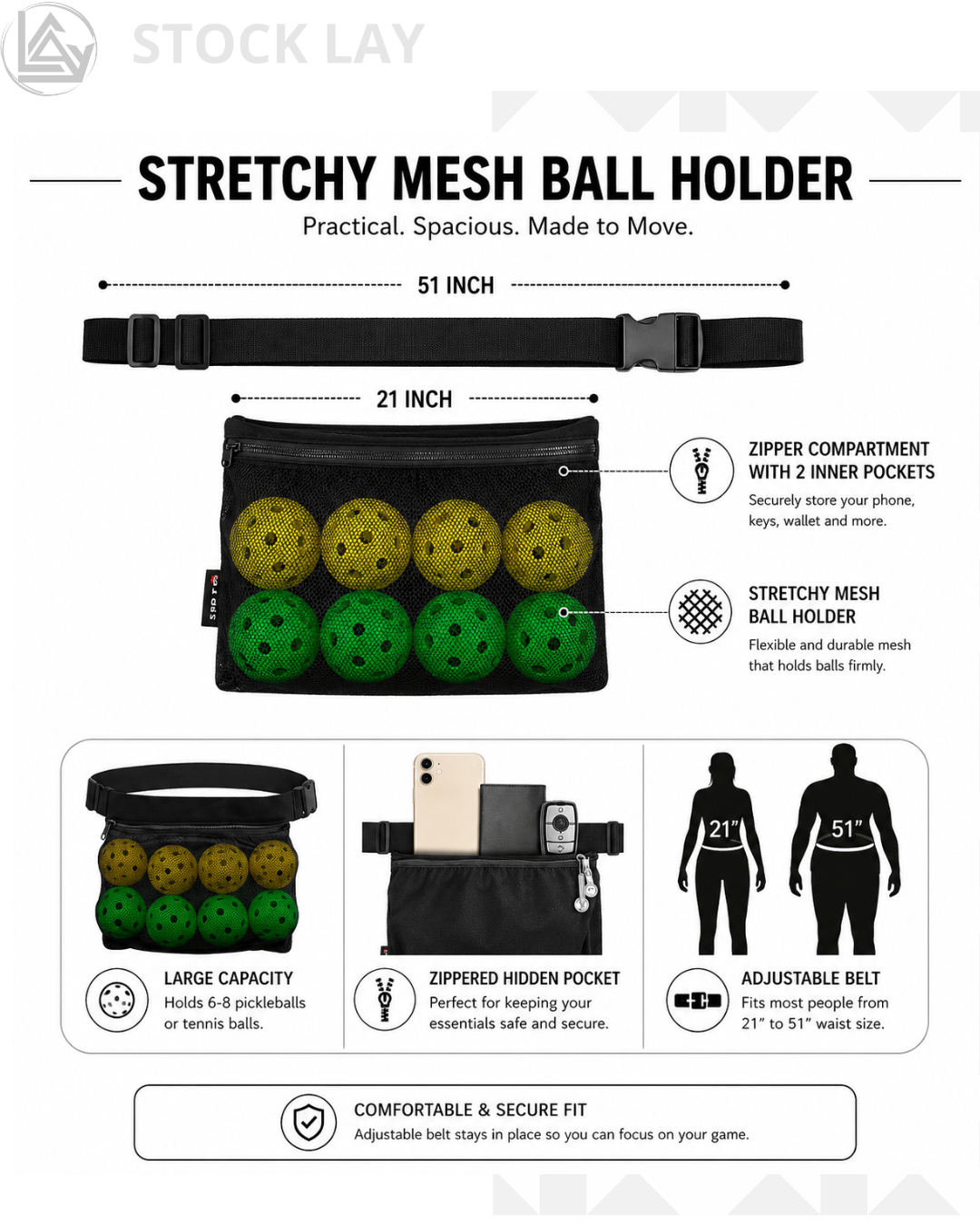 TOPJUM Pickleball & Tennis Ball Holder Waist Bag – Portable Mesh Ball Carrier
