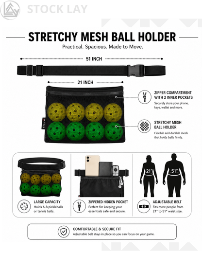 TOPJUM Pickleball & Tennis Ball Holder Waist Bag – Portable Mesh Ball Carrier