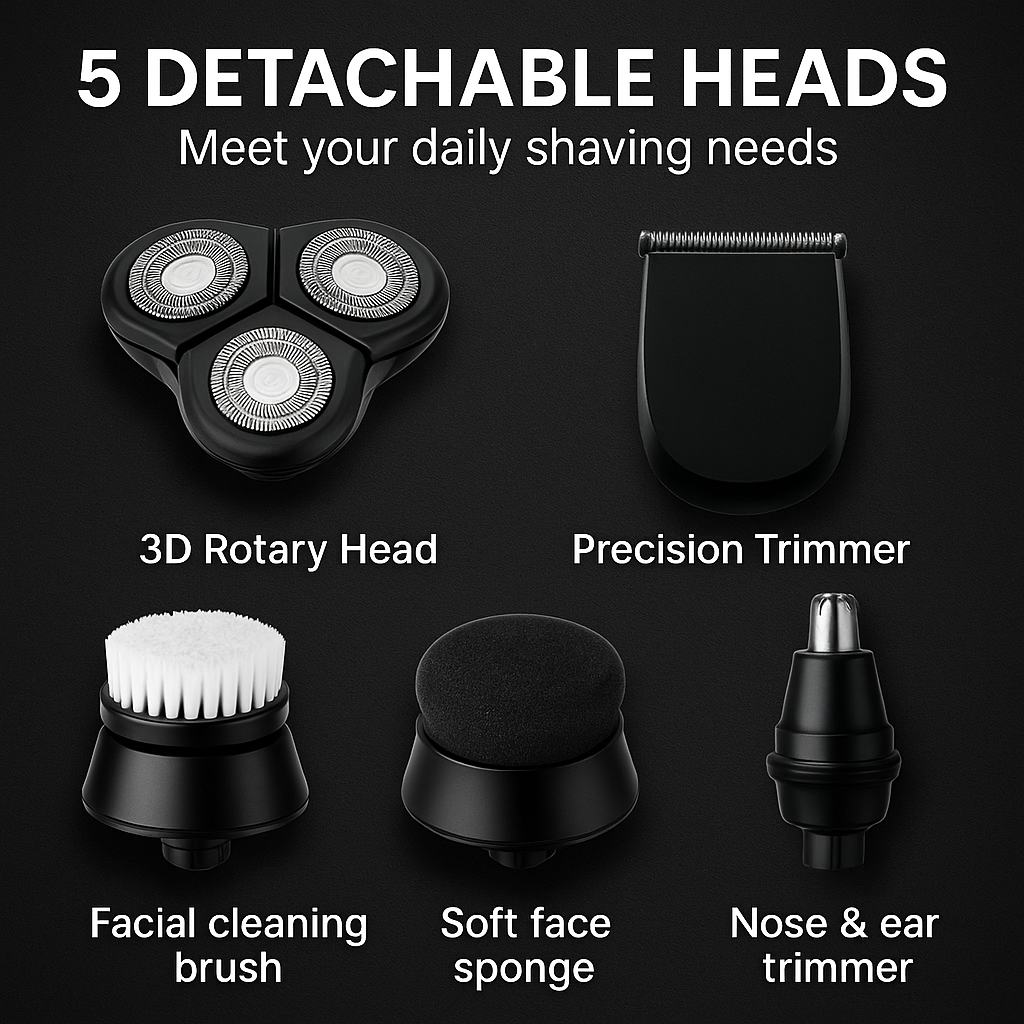 5-in-1 Grooming Shaver – Rotary Blade, Trimmer & Exfoliator in One