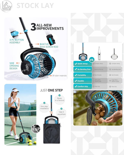 Portable Tennis Ball Hopper Roller – No-Bend Tennis Ball Collector with Telescopic Handle
