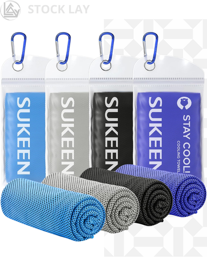 Sukeen Cooling Towels 4-Pack with Carabiner Clips – Instant Cooling Microfiber Towels for Sports, Yoga & Running